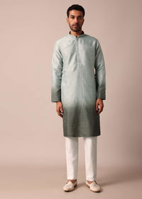 Elegant Green Silk Ombre Jacket Kurta Set For Men