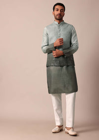 Elegant Green Silk Ombre Jacket Kurta Set For Men