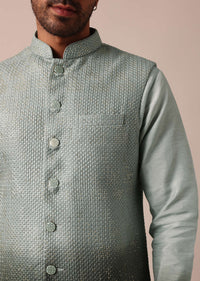 Elegant Green Silk Ombre Jacket Kurta Set For Men