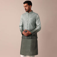 Elegant Green Silk Ombre Jacket Kurta Set For Men