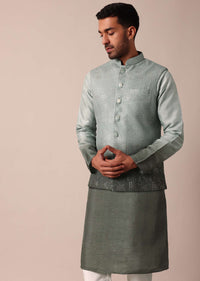 Elegant Green Silk Ombre Jacket Kurta Set For Men