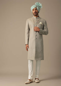 Elegant Green Silk Sherwani with Neckline Embroidery