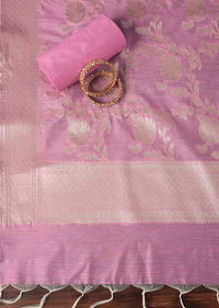Pinklicious Grey Printed Banarasi Silk Dress Material Suit Set With Pink Accents
