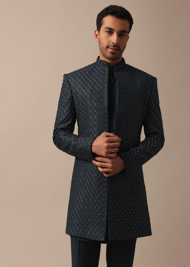 Elegant Grey Heavy Embroidered Indowestern For Grooms