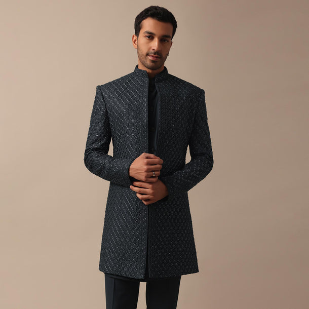 Elegant Grey Heavy Embroidered Indowestern For Grooms
