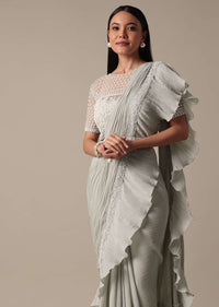 Elegant Grey Ready Pleated Saree With Stitched Blouse