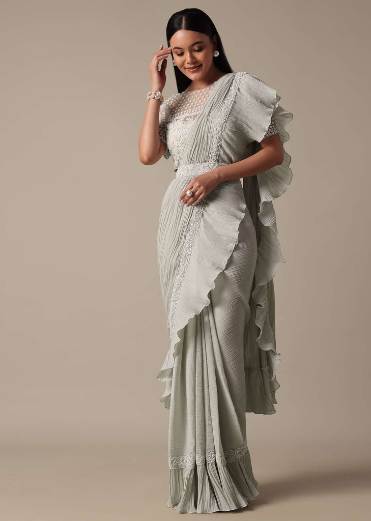 Elegant Grey Ready Pleated Saree With Stitched Blouse