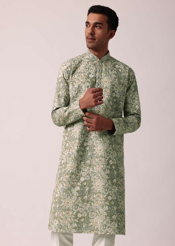 Elegant Grey Silk Kurta Set With All-Over Print