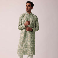 Elegant Grey Silk Kurta Set With All-Over Print