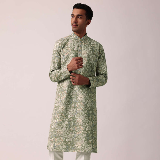 Elegant Grey Silk Kurta Set With All-Over Print