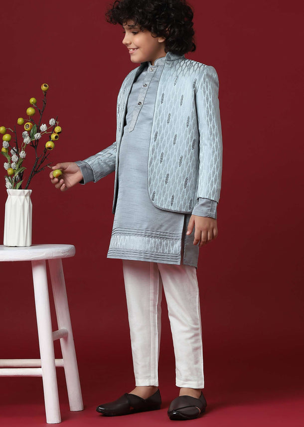 Elegant Grey Silk Sherwani Set for Boys