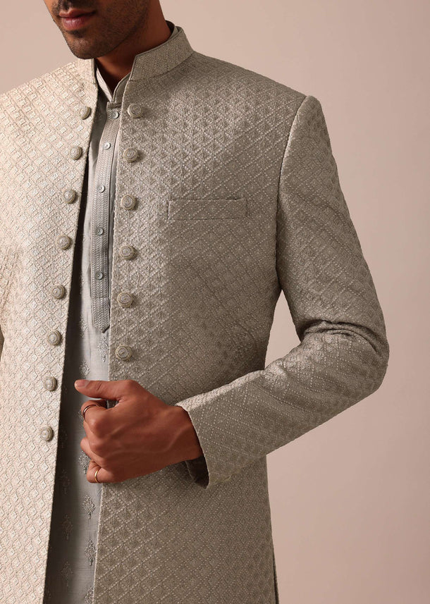 Elegant Beige Silk Sherwani Set With Intricate Embroidery