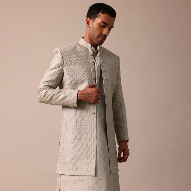 Elegant Grey Silk Sherwani Set With Intricate Embroidery