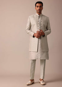 Elegant Grey Silk Sherwani Set With Intricate Embroidery