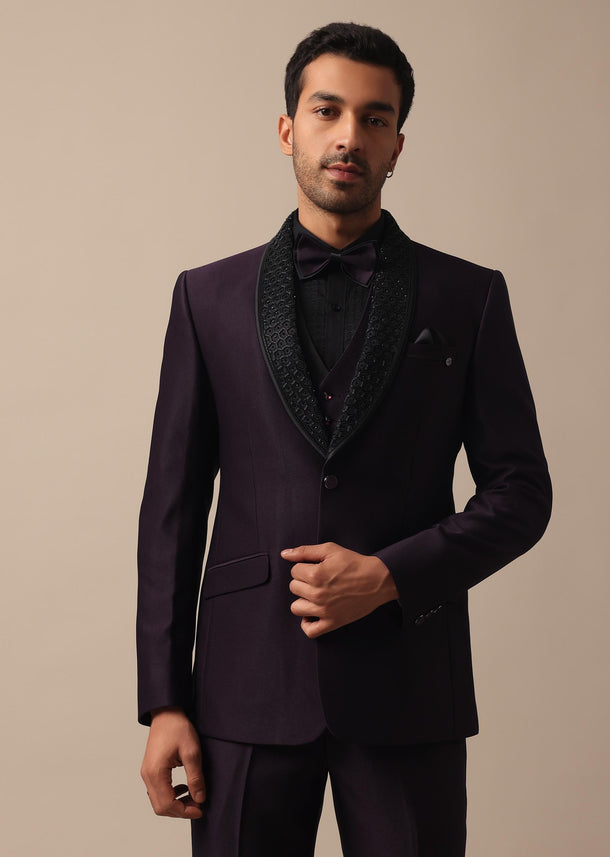 Elegant Intricate Embroidered Tuxedo Set in Purple