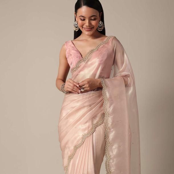 Elegant Peach Saree With Scalloped Border