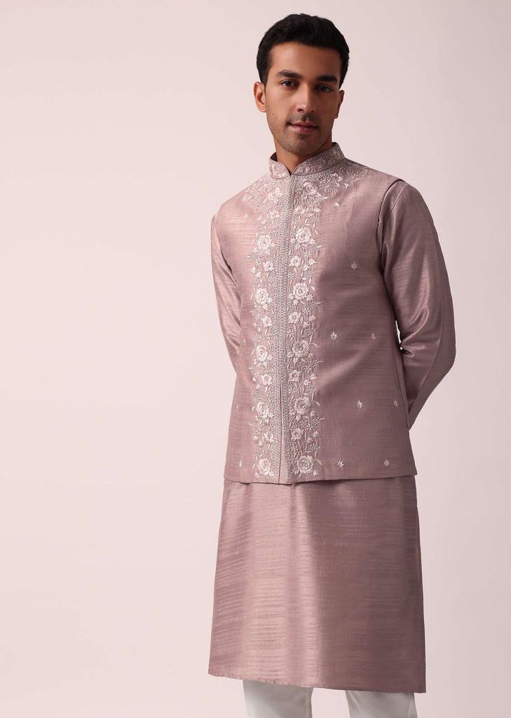 Elegant Pink Cotton Silk Embroidered Jacket Kurta Set