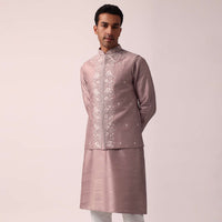 Elegant Pink Cotton Silk Embroidered Jacket Kurta Set