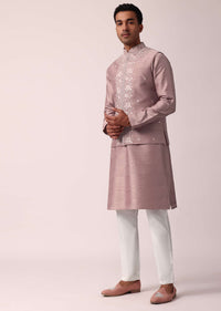 Elegant Pink Cotton Silk Embroidered Jacket Kurta Set