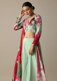 Elegant Pista Green Silk Palazzo Set With Exquisite Prints