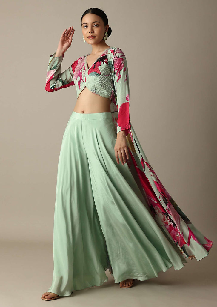 Elegant Pista Green Silk Palazzo Set With Exquisite Prints