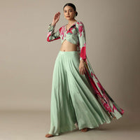 Elegant Pista Green Silk Palazzo Set With Exquisite Prints