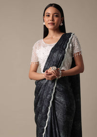 Elegant Pleated Printed Saree With Embellished Ready Blouse