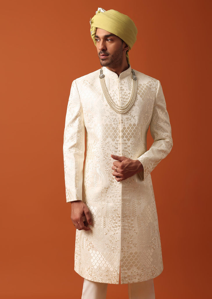 Elegant Pristine White Silk Sherwani Set With Intricate Embroidery Work