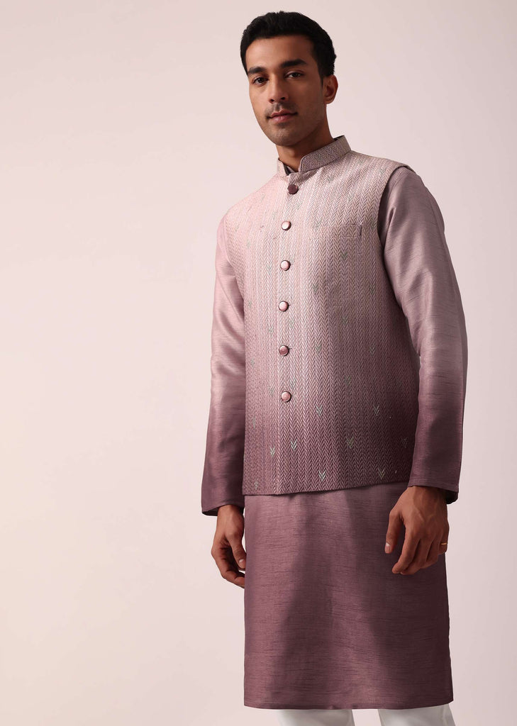 Elegant Purple Silk Embroidered Jacket Kurta Set