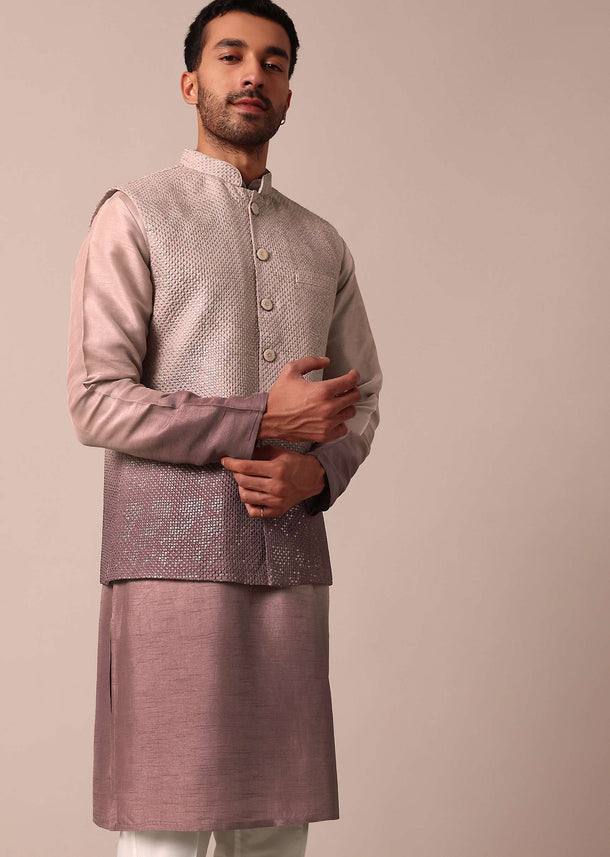 Elegant Purple Ombre Silk Jacket Kurta Set For Men