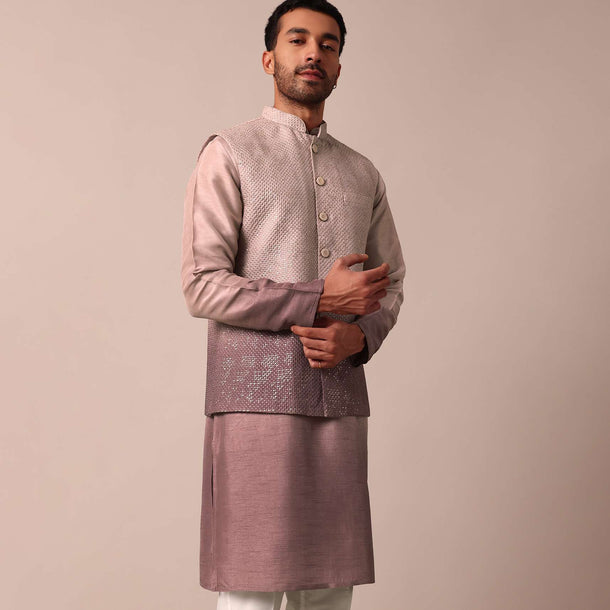 Elegant Purple Ombre Silk Jacket Kurta Set For Men