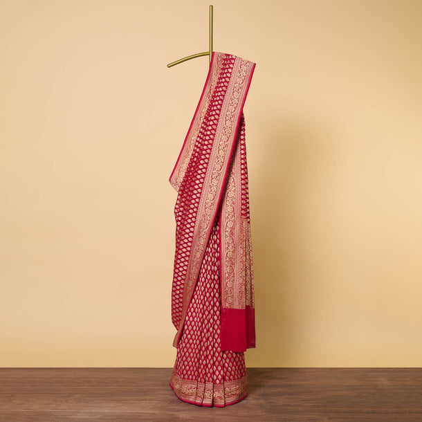 Elegant Red Banarasi Khaddi Saree Set