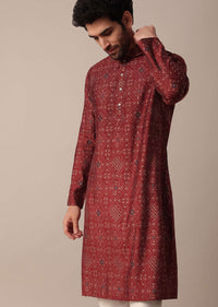 Elegant Red Jaipur Bandhani Print Men Kurta Set