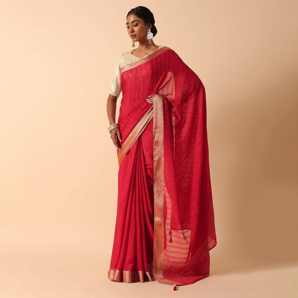 Elegant Red Linen Saree With Readymade Stitched Blouse