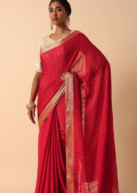 Elegant Red Linen Saree With Readymade Stitched Blouse