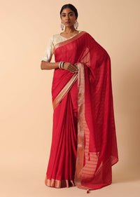 Elegant Red Linen Saree With Readymade Stitched Blouse