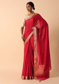Elegant Red Linen Saree With Readymade Stitched Blouse