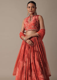 Elegant Red Printed Lehenga Set With Mirror Work