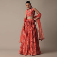 Elegant Red Printed Lehenga Set With Mirror Work