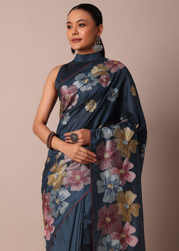 Elegant Sea Blue Saree With Resham Thread Artistry