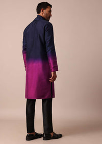 Elegant Navy Blue To Pink Ombre Silk Kurta Set For Men With Dupatta