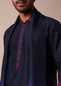 Elegant Navy Blue To Pink Ombre Silk Kurta Set For Men With Dupatta