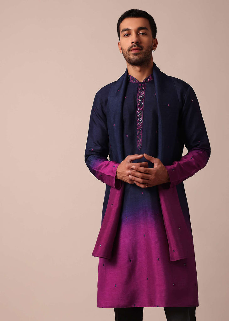 Elegant Navy Blue To Pink Ombre Silk Kurta Set For Men With Dupatta