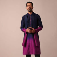 Elegant Navy Blue To Pink Ombre Silk Kurta Set For Men With Dupatta