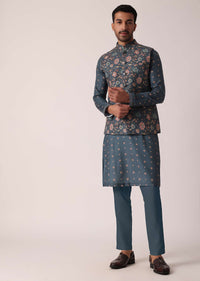 Elegant Teal Festive Jacket Kurta Set For Men