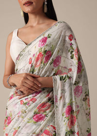 Elegant White Floral Printed Saree