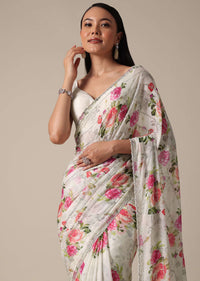 Elegant White Floral Printed Saree