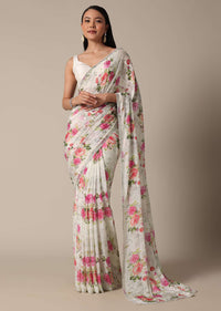 Elegant White Floral Printed Saree