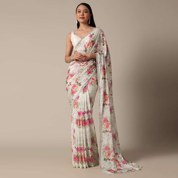 Elegant White Floral Printed Saree