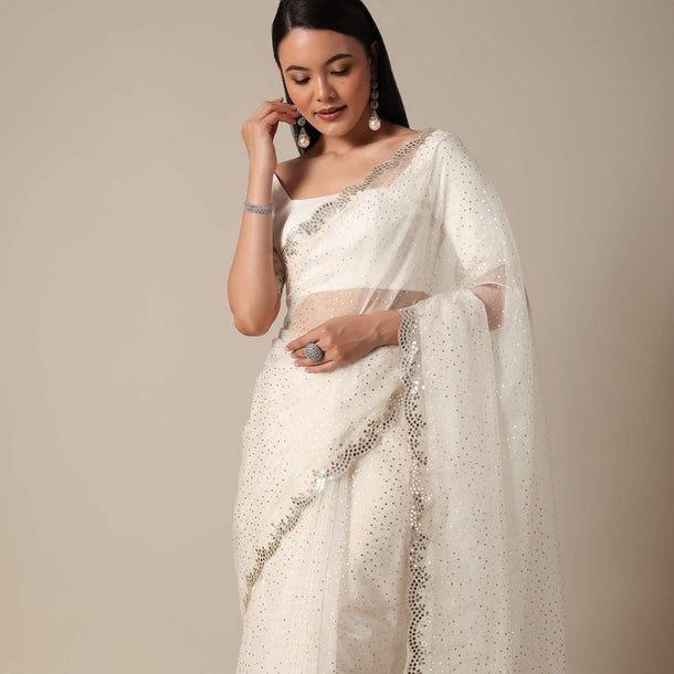 Elegant White Saree with Mirror Scallop Border